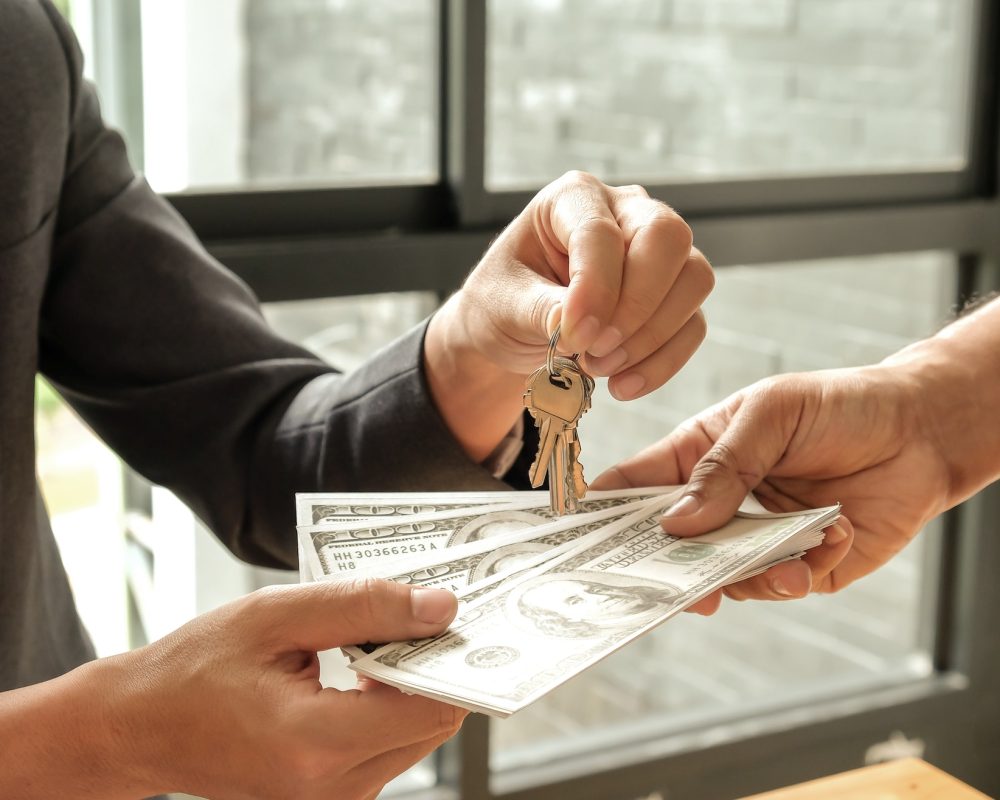 Buyers and sellers give dollar money,Sellers give keys.